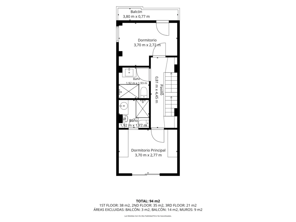 Plano de planta 2 de una vivienda de tres plantas, con dimensiones