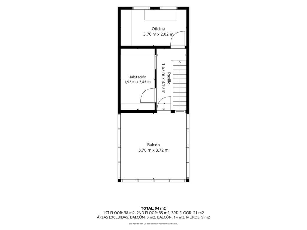 Plano de planta 3 de una vivienda de tres plantas, con dimensiones